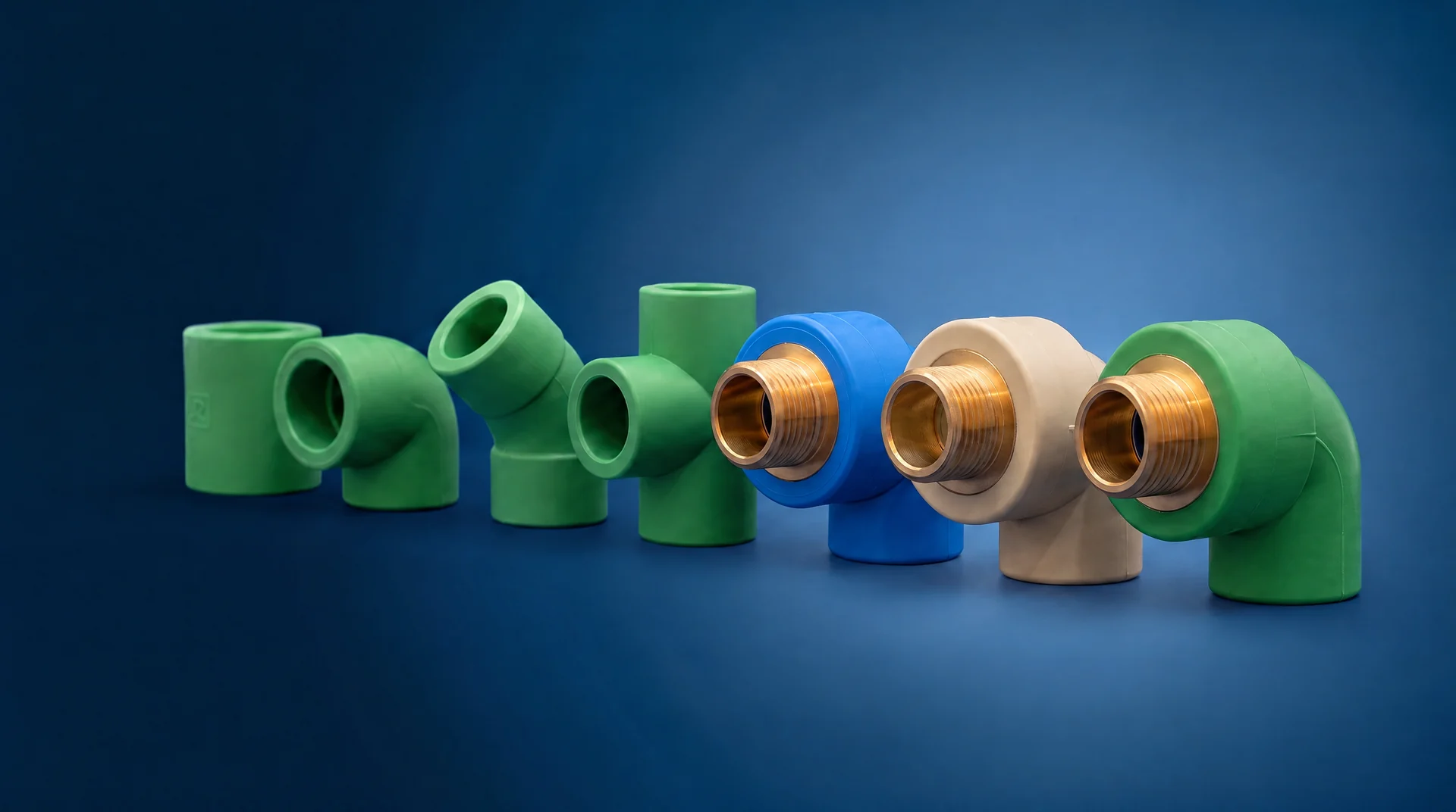 A row of Plastofer PP-R fittings in green, beige and blue with brass inserts, colour and part customization
